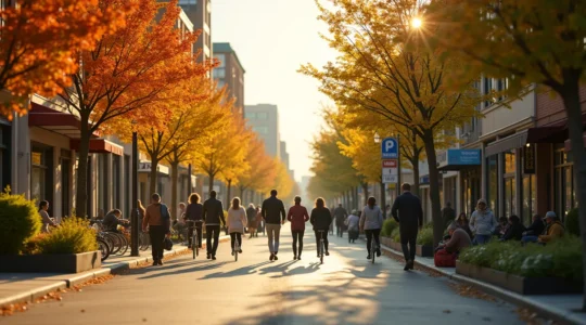 Une vue urbaine canadienne contemporaine montrant une rue vivante avec des piétons, des vélos, des espaces verts intégrés et des bâtiments mixtes, symbolisant une ville repensée pour le bien-être.