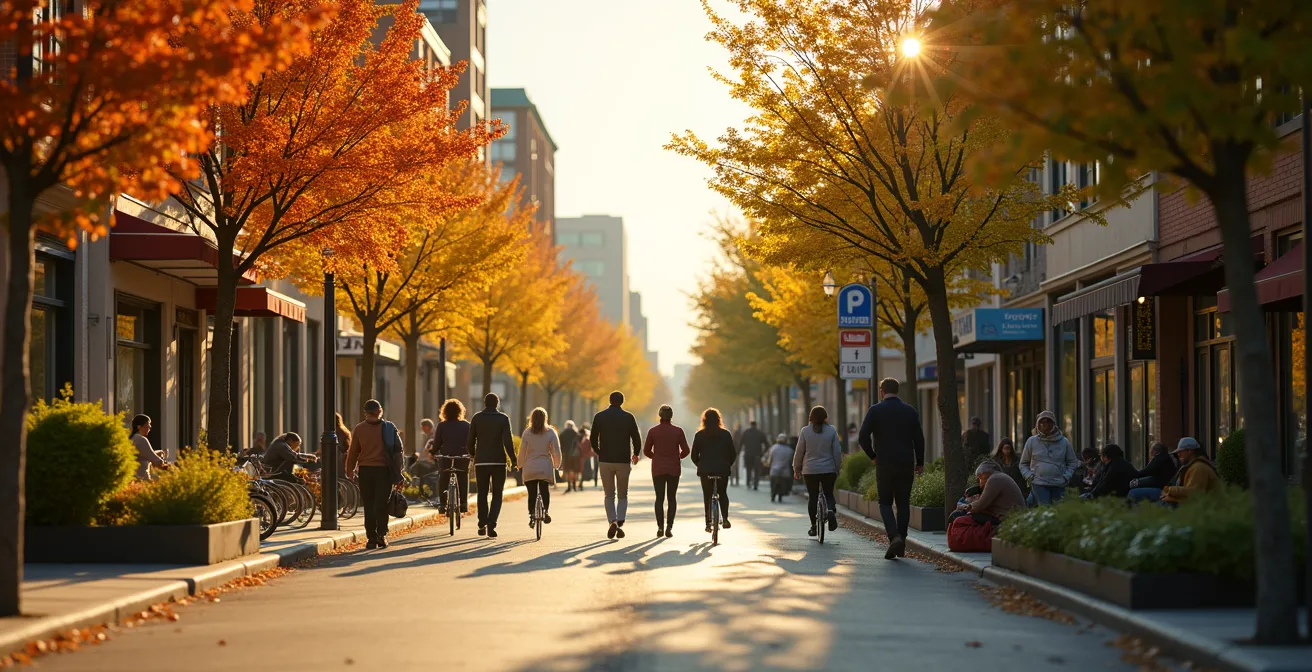 Une vue urbaine canadienne contemporaine montrant une rue vivante avec des piétons, des vélos, des espaces verts intégrés et des bâtiments mixtes, symbolisant une ville repensée pour le bien-être.