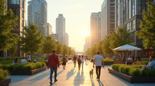 Vue panoramique d'une ville canadienne moderne intégrant espaces verts, logements diversifiés et citoyens engagés dans des activités communautaires