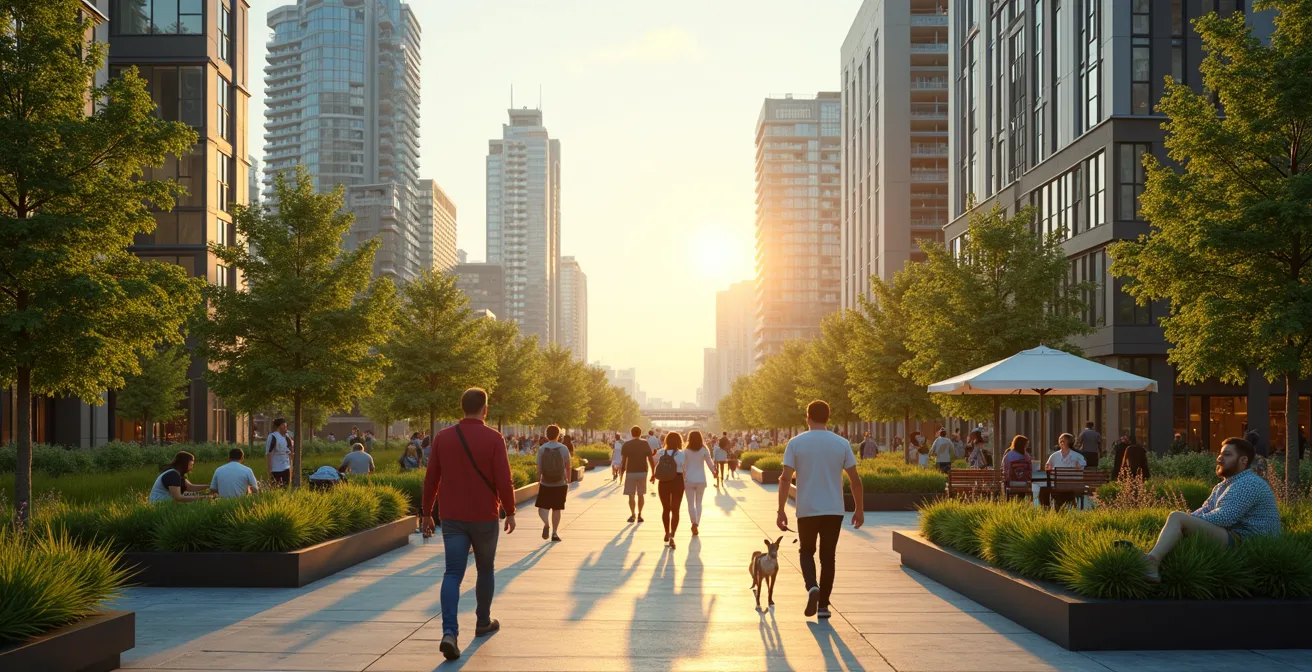 Vue panoramique d'une ville canadienne moderne intégrant espaces verts, logements diversifiés et citoyens engagés dans des activités communautaires