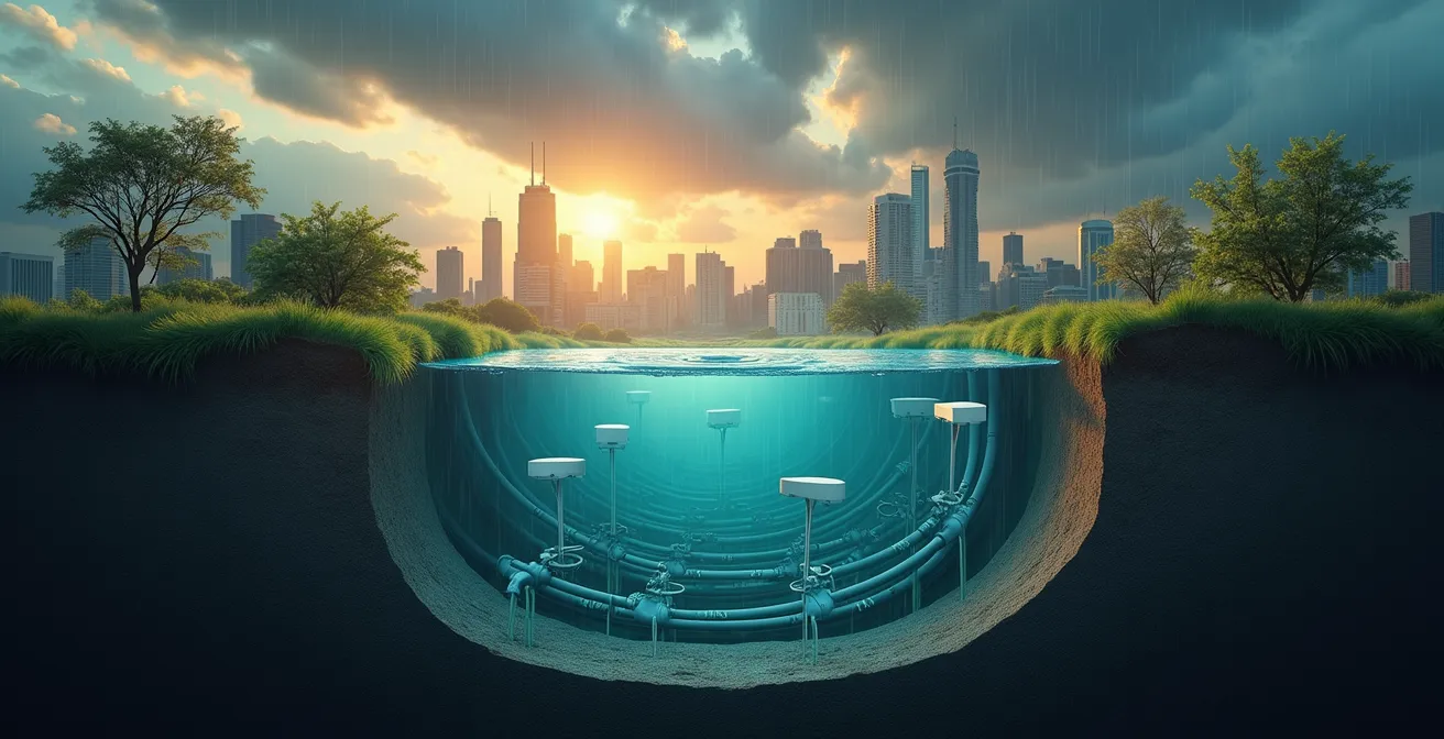 Vue en coupe d’un réseau d’égouts urbains montrant des capteurs connectés détectant inondations et contaminants avec une ville en surface