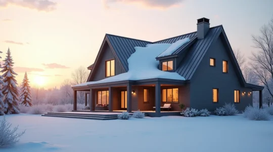 Une maison canadienne moderne avec une façade en fibrociment, entourée d'un paysage hivernal, mettant en valeur la robustesse et la durabilité des matériaux face au climat rigoureux.