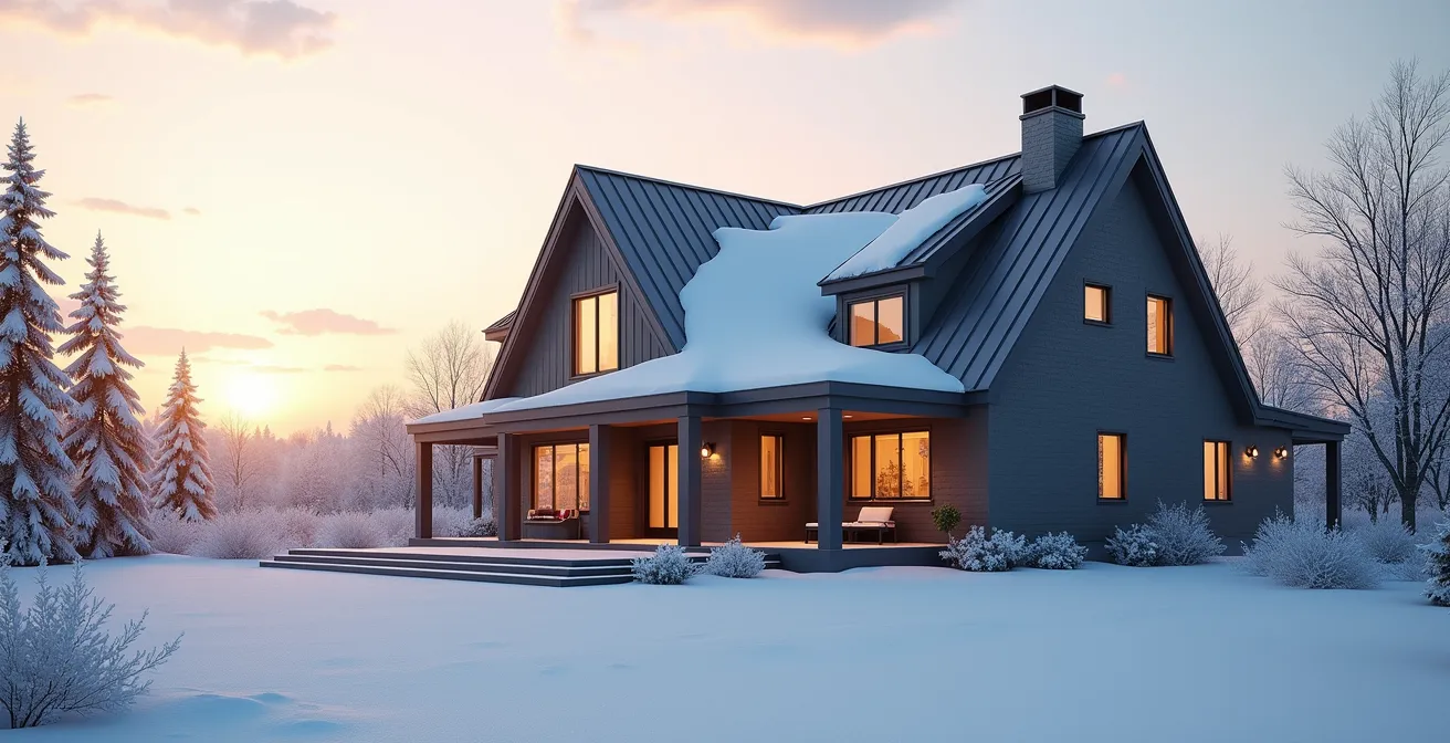 Une maison canadienne moderne avec une façade en fibrociment, entourée d'un paysage hivernal, mettant en valeur la robustesse et la durabilité des matériaux face au climat rigoureux.