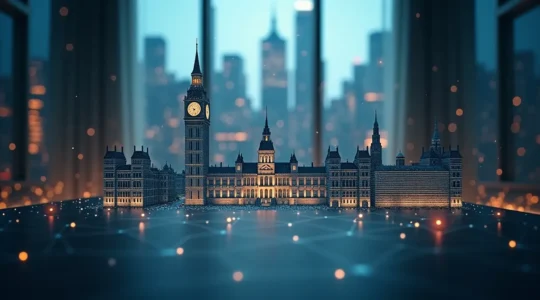 Illustration symbolique représentant la révolution numérique dans l'administration canadienne, avec des éléments digitaux et symboles gouvernementaux