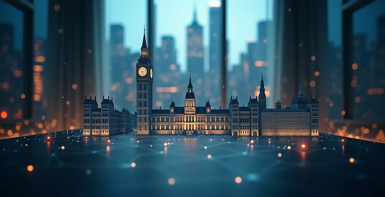 Illustration symbolique représentant la révolution numérique dans l'administration canadienne, avec des éléments digitaux et symboles gouvernementaux