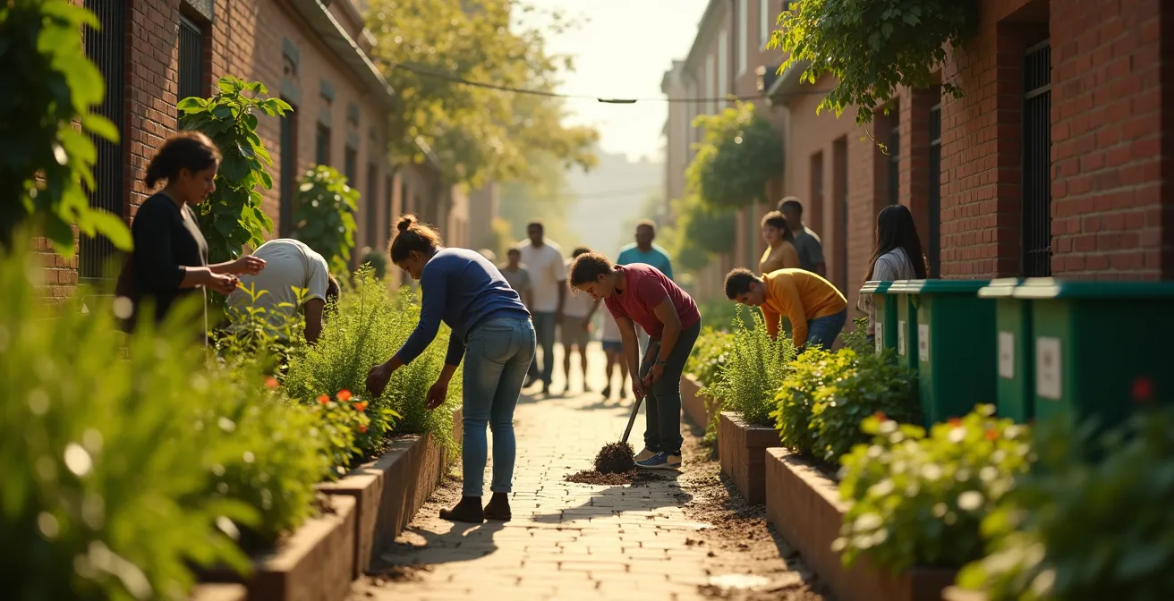 Rue urbaine transformée en ruelle verte avec des habitants plantant des arbustes et installant des composteurs