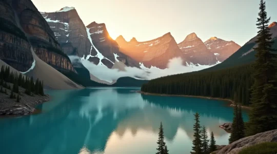 Paysage panoramique des Rocheuses canadiennes avec montagnes imposantes, forêts denses, et un lac turquoise reflétant le ciel au lever du soleil