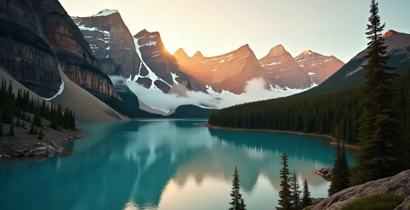 Paysage panoramique des Rocheuses canadiennes avec montagnes imposantes, forêts denses, et un lac turquoise reflétant le ciel au lever du soleil