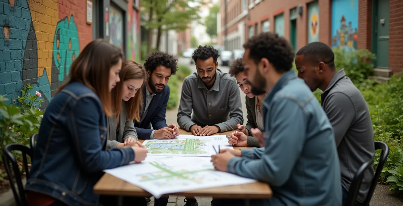 Un groupe de citoyens de Montréal discutant autour d'une table dans une ruelle partiellement pavée, avec des plans de verdissement, symbolisant la co-construction d'un projet urbain.