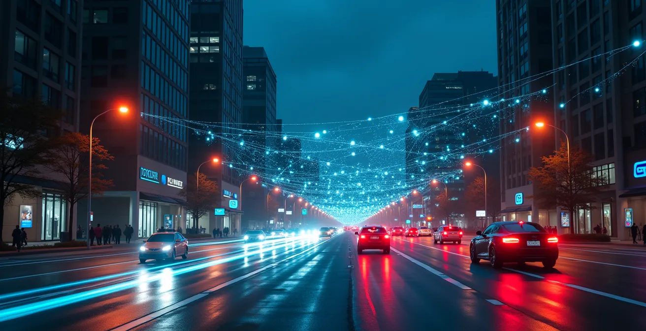 Vue futuriste de voitures et infrastructures urbaines connectées via la technologie 5G dans un environnement urbain canadien