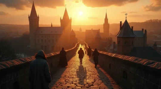 Vue panoramique du Vieux-Québec avec ses fortifications historiques baignée dans une lumière dorée au coucher du soleil, évoquant les fantômes du passé