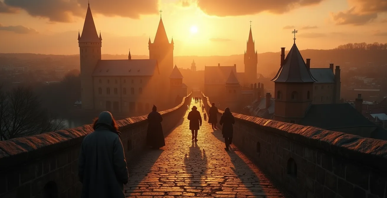 Vue panoramique du Vieux-Québec avec ses fortifications historiques baignée dans une lumière dorée au coucher du soleil, évoquant les fantômes du passé