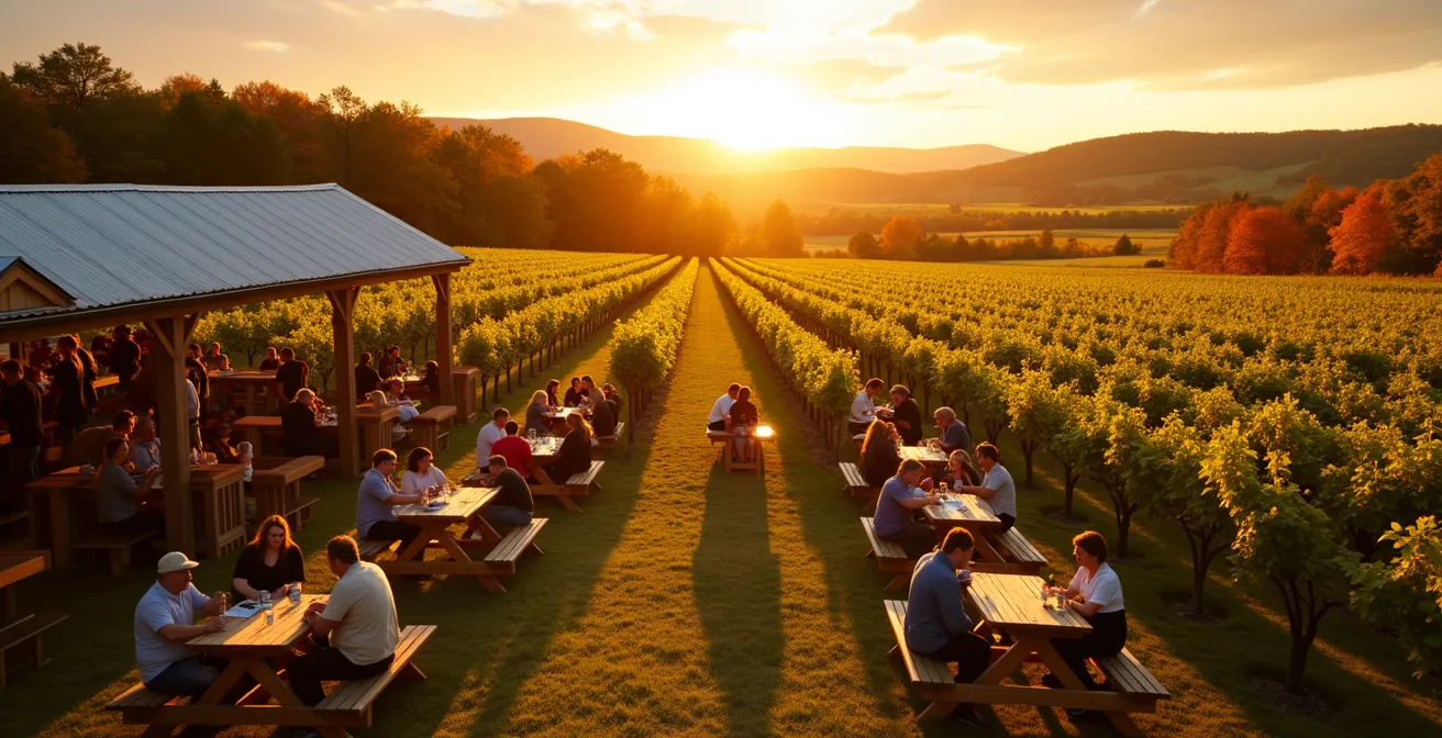 Paysage de vignobles en pente douce dans la région de Niagara, avec des rangées de vignes sous une lumière dorée à la tombée du jour, et une aire de dégustation en plein air.