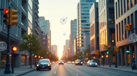 Vue d'une rue urbaine canadienne moderne avec des capteurs visibles sur les lampadaires et des données numériques flottant autour symbolisant la surveillance intelligente