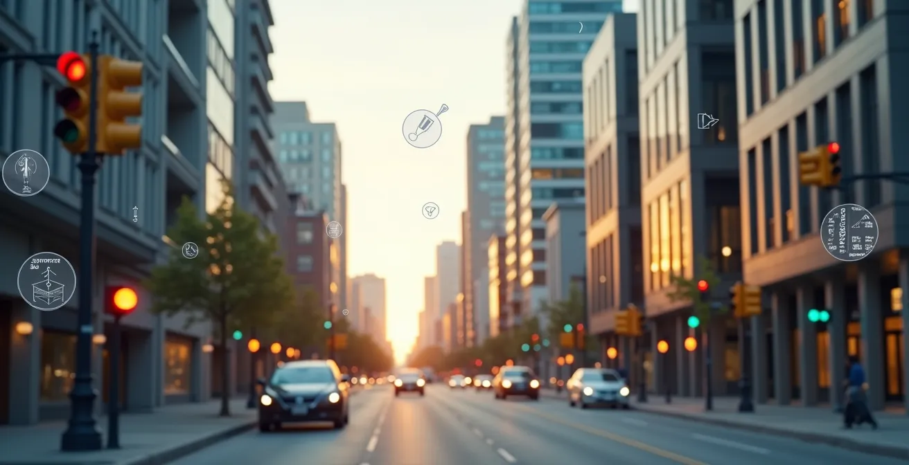 Vue d'une rue urbaine canadienne moderne avec des capteurs visibles sur les lampadaires et des données numériques flottant autour symbolisant la surveillance intelligente