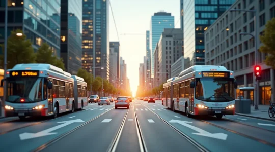Vue panoramique d'une ville canadienne moderne intégrant des technologies intelligentes urbaines comme transports connectés, vélos en libre-service et capteurs environnementaux
