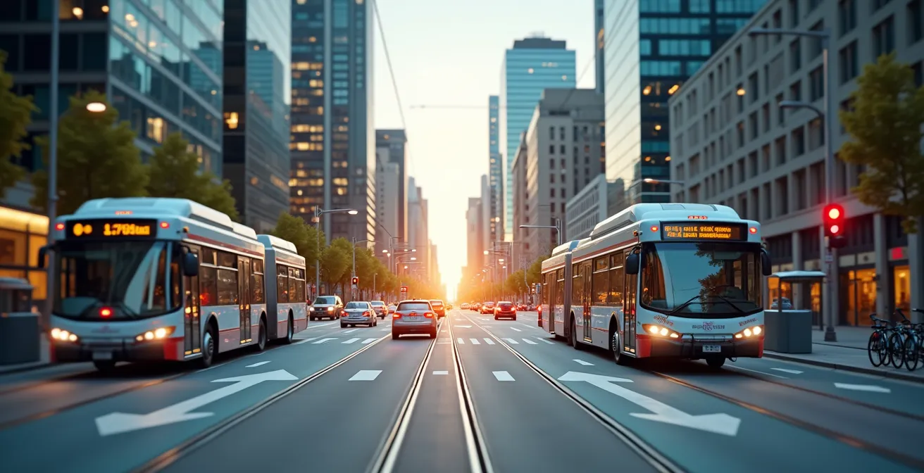 Vue panoramique d'une ville canadienne moderne intégrant des technologies intelligentes urbaines comme transports connectés, vélos en libre-service et capteurs environnementaux
