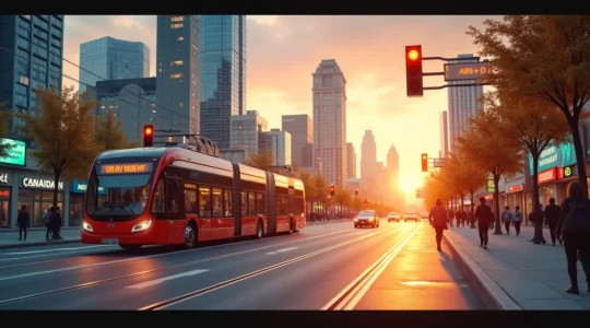 Une vue urbaine moderne illustrant une ville canadienne connectée avec des véhicules électriques, des panneaux intelligents et des piétons utilisant des applications mobiles, mettant en évidence la technologie et la durabilité.