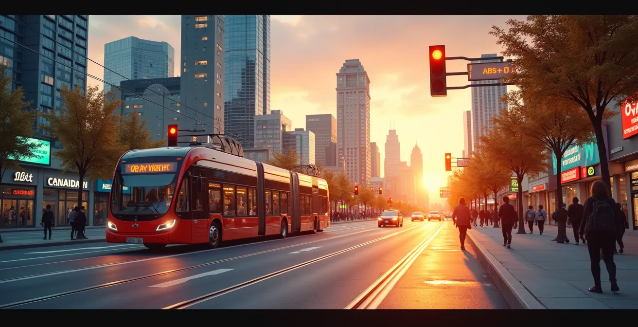 Une vue urbaine moderne illustrant une ville canadienne connectée avec des véhicules électriques, des panneaux intelligents et des piétons utilisant des applications mobiles, mettant en évidence la technologie et la durabilité.