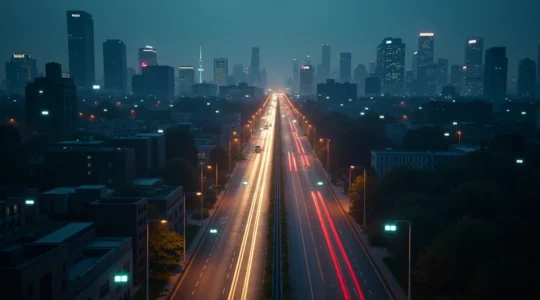 Vue urbaine avec des capteurs anonymes installés sur les rues et infrastructures, symbolisant la surveillance intelligente pour le bien-être citoyen