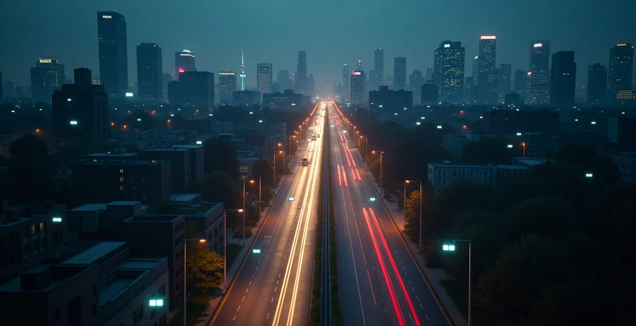 Vue urbaine avec des capteurs anonymes installés sur les rues et infrastructures, symbolisant la surveillance intelligente pour le bien-être citoyen