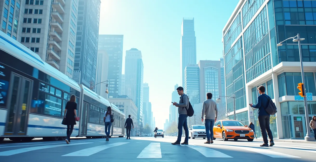 Une scène urbaine canadienne montrant des applications mobiles, véhicules électriques, panneaux intelligents et citoyens interagissant avec la technologie
