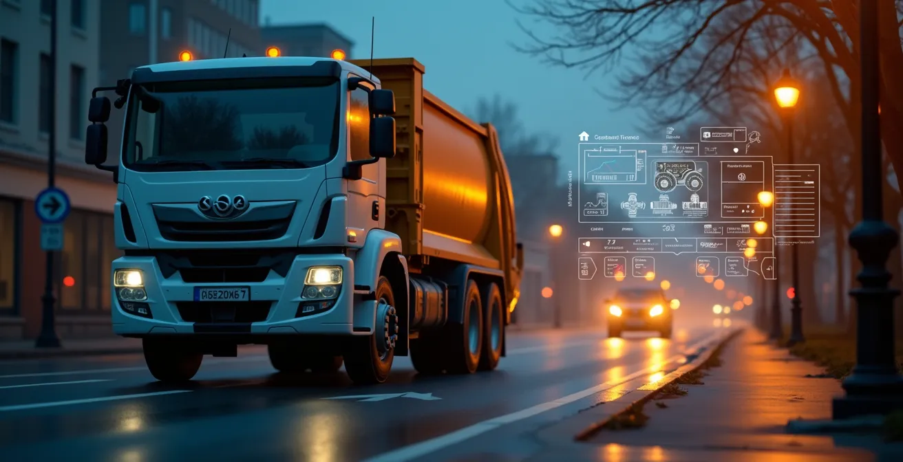 Camion de collecte des déchets avec capteurs IoT sur les bacs et interface de gestion numérique