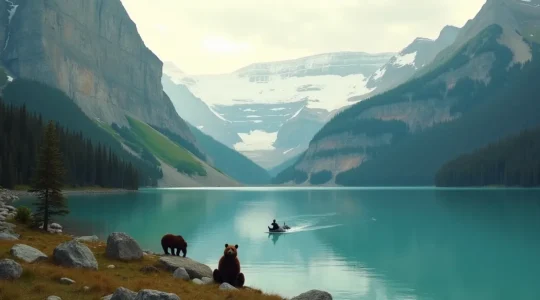 Paysage emblématique canadien montrant une nature sauvage avec des montagnes, un lac paisible et une faune locale observée en harmonie, sans la foule.