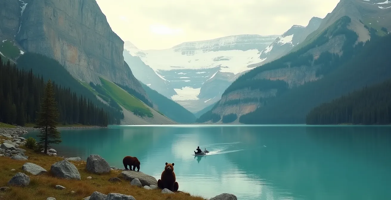 Paysage emblématique canadien montrant une nature sauvage avec des montagnes, un lac paisible et une faune locale observée en harmonie, sans la foule.
