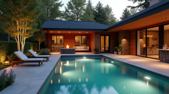 Vue large d'un jardin canadien aménagé en resort privé avec piscine, cuisine d'été, aire de jeux et éclairage élégant au coucher du soleil.