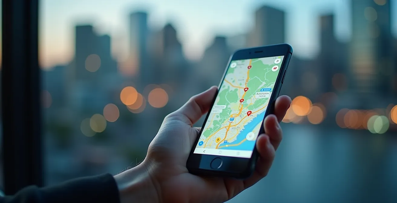 Smartphone affichant l’application Waze avec une carte de trafic en ville canadienne