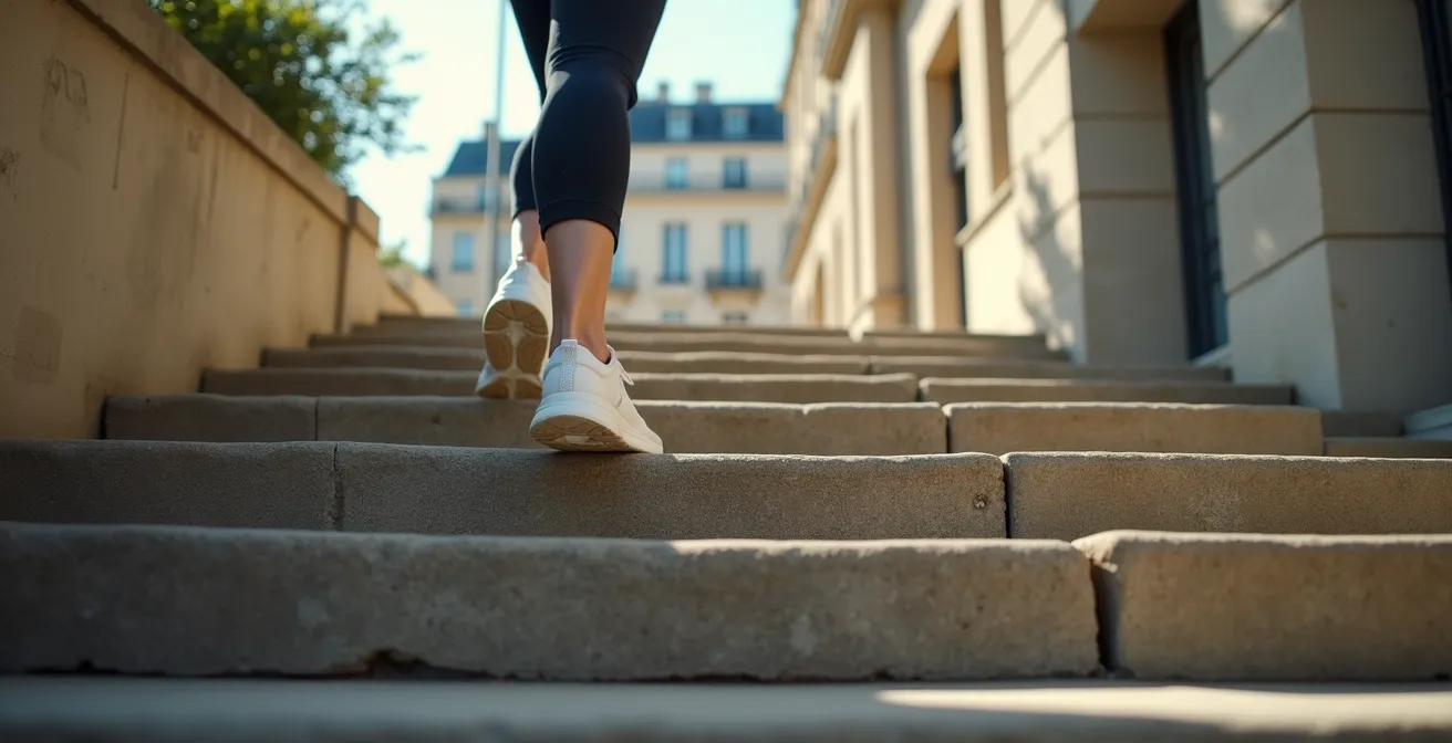 Personne montant des escaliers urbains avec énergie dans une ville française