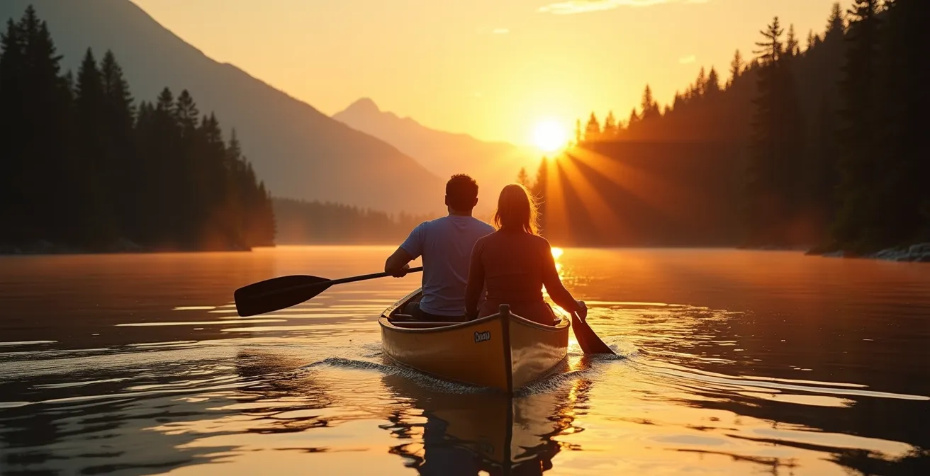Personnes pratiquant le canoë et le paddle sur un lac canadien entouré de forêts