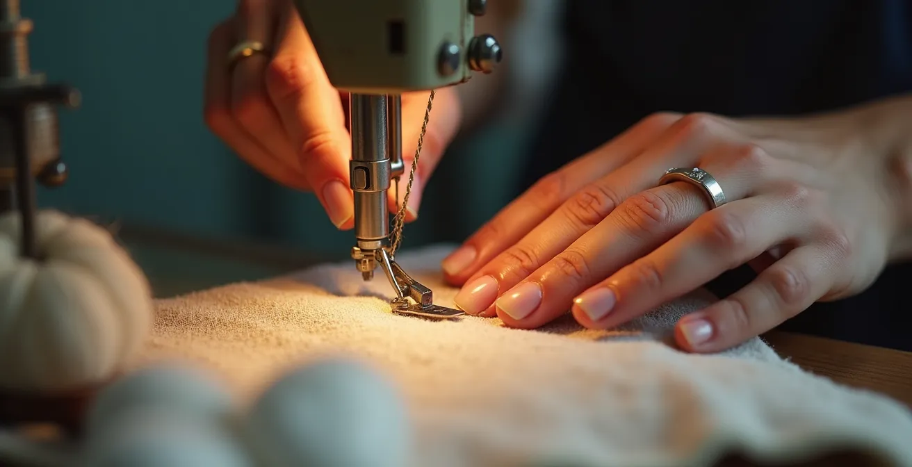 Vue macro de mains travaillant sur du tissu en coton biologique avec des fils naturels