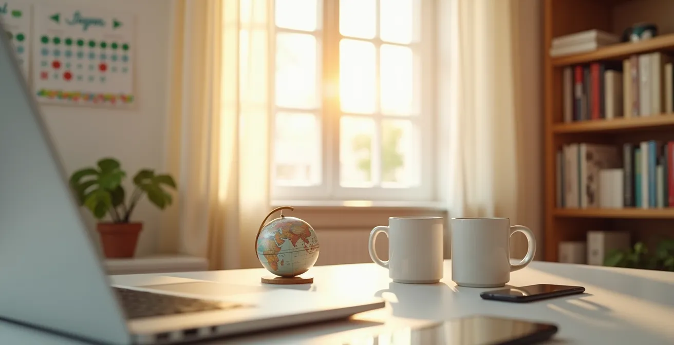 Scène minimaliste d'un bureau avec calendrier et ordinateur montrant un appel vidéo