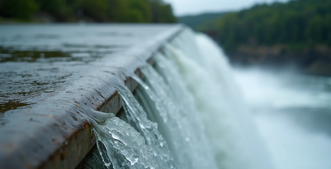 Barrage hydroélectrique massif dans le paysage québécois avec réservoir d'eau et forêt boréale environnante