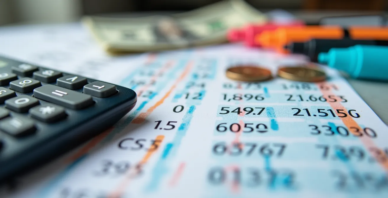 Gros plan sur une fiche de paie française avec calculatrice et surligneurs colorés mettant en évidence les cotisations santé