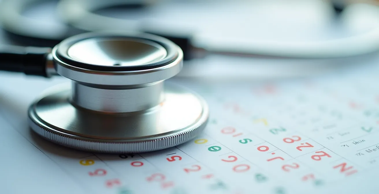 Vue macro d'un stéthoscope posé sur un calendrier avec des marqueurs colorés