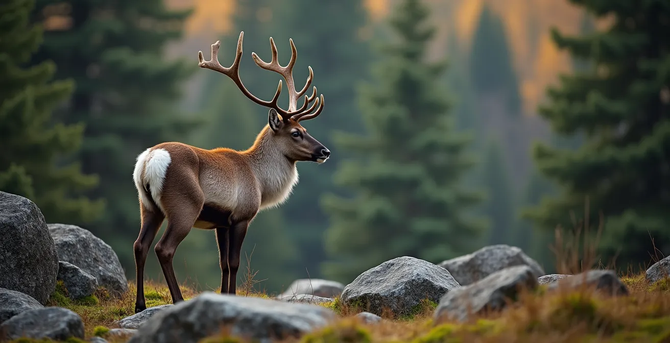 Portrait rapproché d'un caribou forestier dans son habitat naturel de forêt boréale