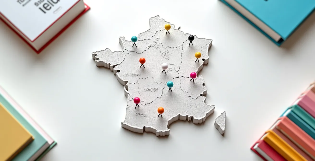 Carte de France stylisée montrant les principaux centres d'examen linguistiques avec des épingles colorées