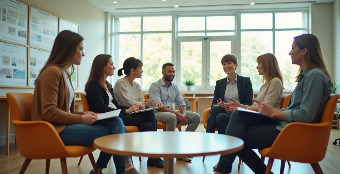 Centre d'accueil francophone avec nouveaux arrivants recevant des conseils