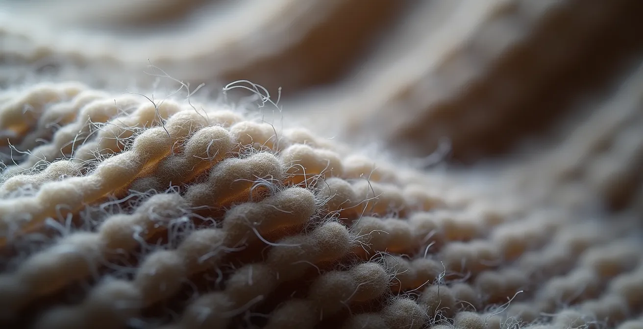 Détail macro d'une chaussette en laine mérinos montrant la texture et les fibres isolantes