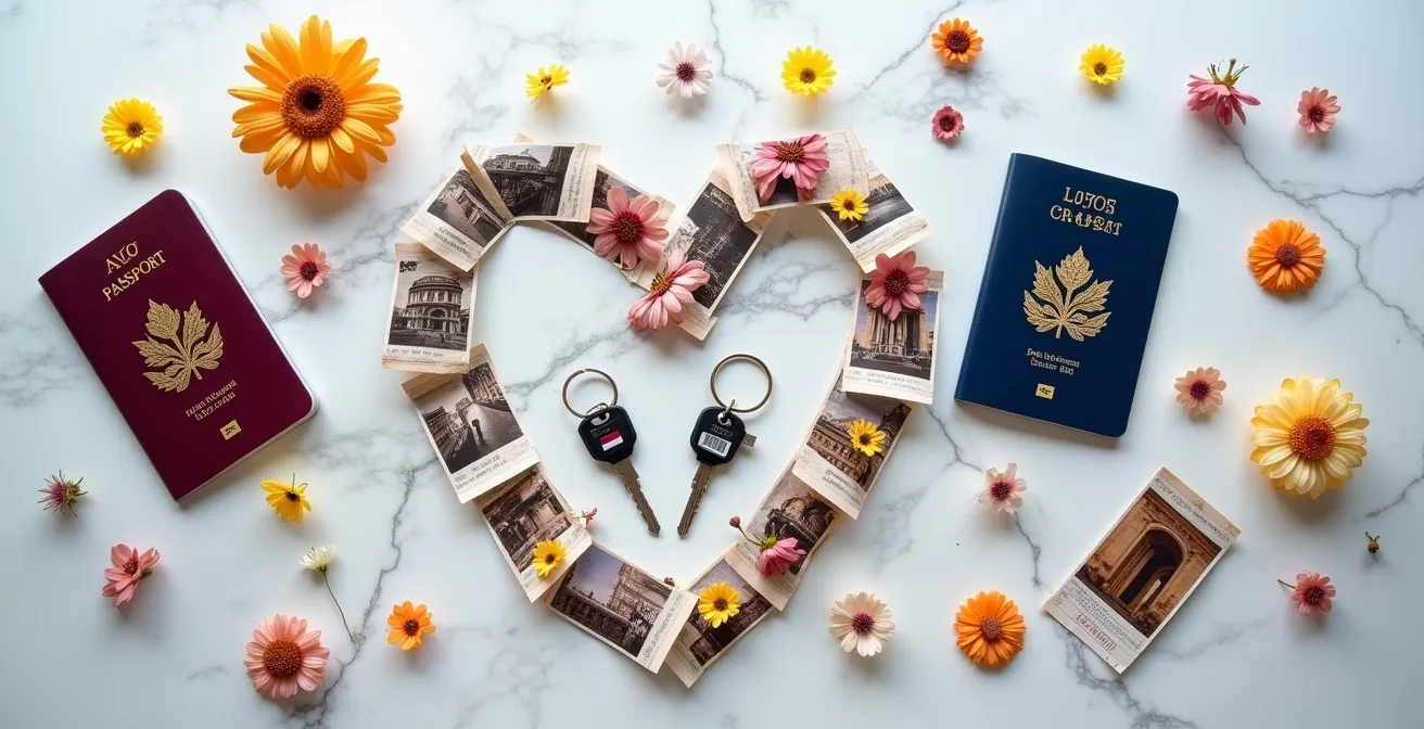 Composition visuelle d'objets symbolisant l'histoire d'un couple international