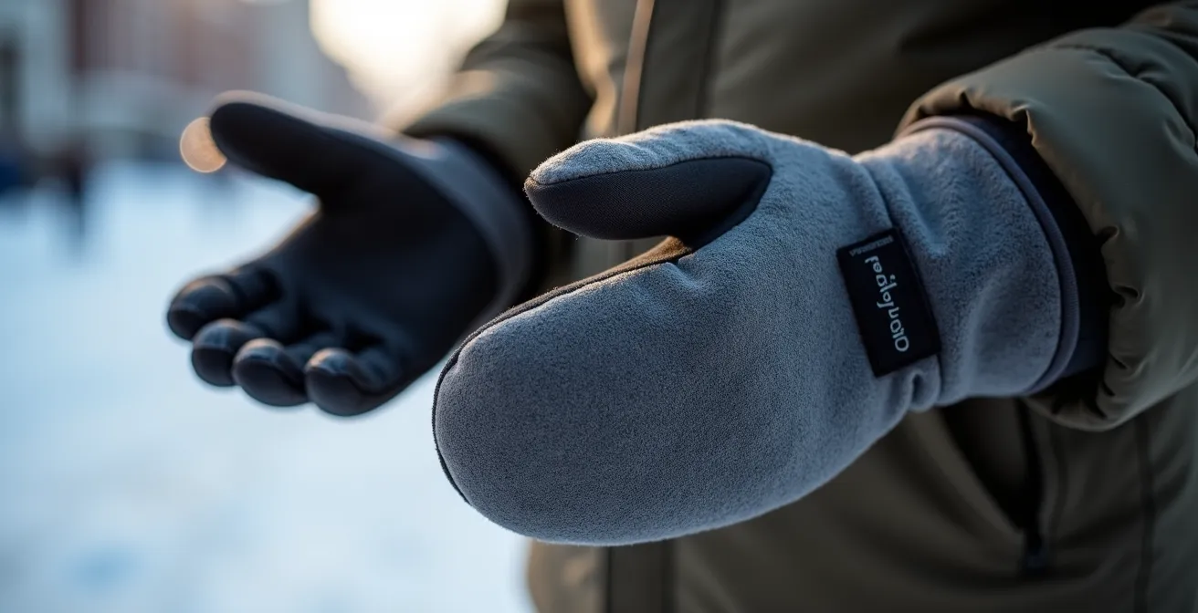 Mains portant des gants-mitaines convertibles en situation hivernale