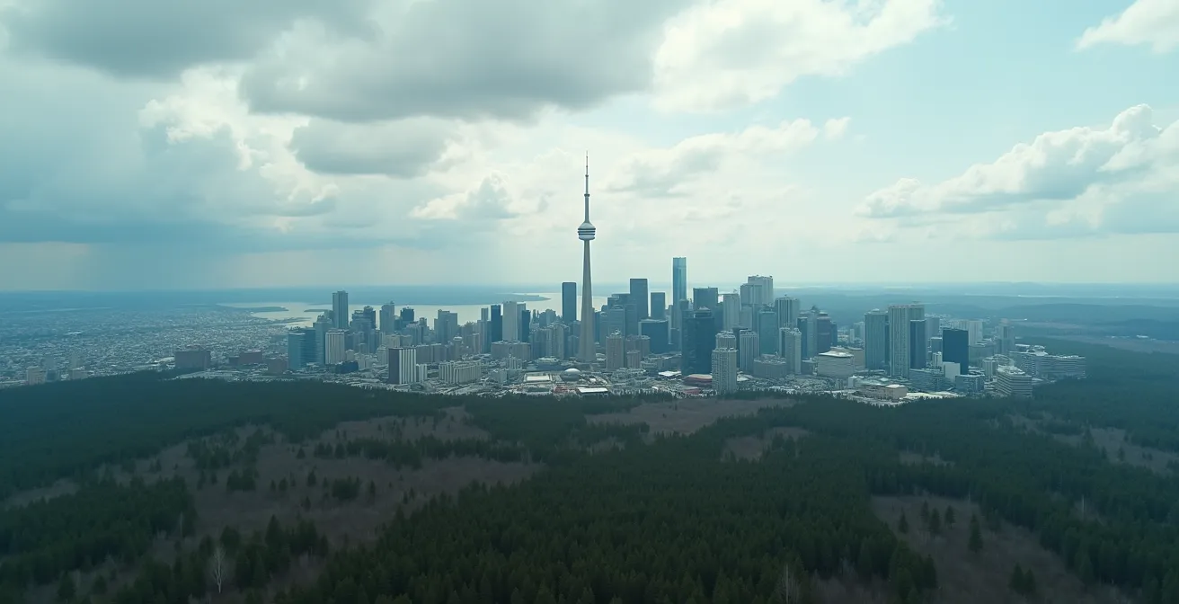 Vue aérienne large montrant le contraste entre une métropole canadienne densément peuplée et les vastes espaces naturels environnants