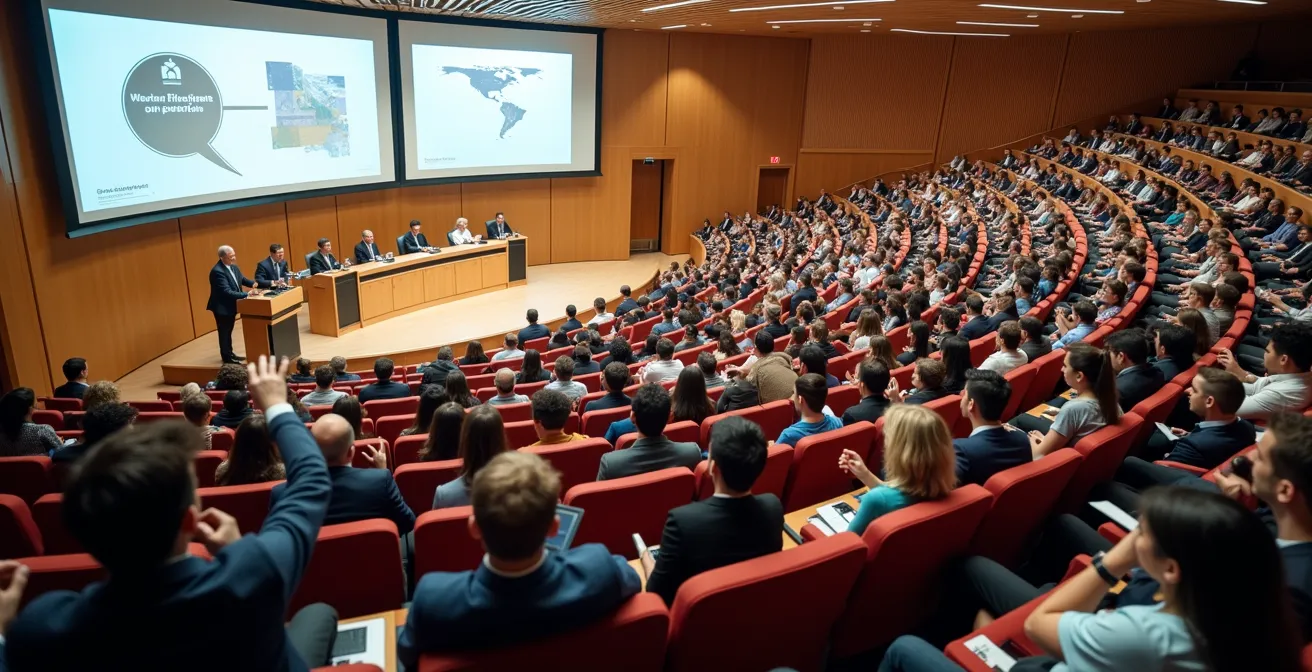 Vue d'ensemble d'une assemblée citoyenne débattant du financement de la santé dans un auditorium moderne
