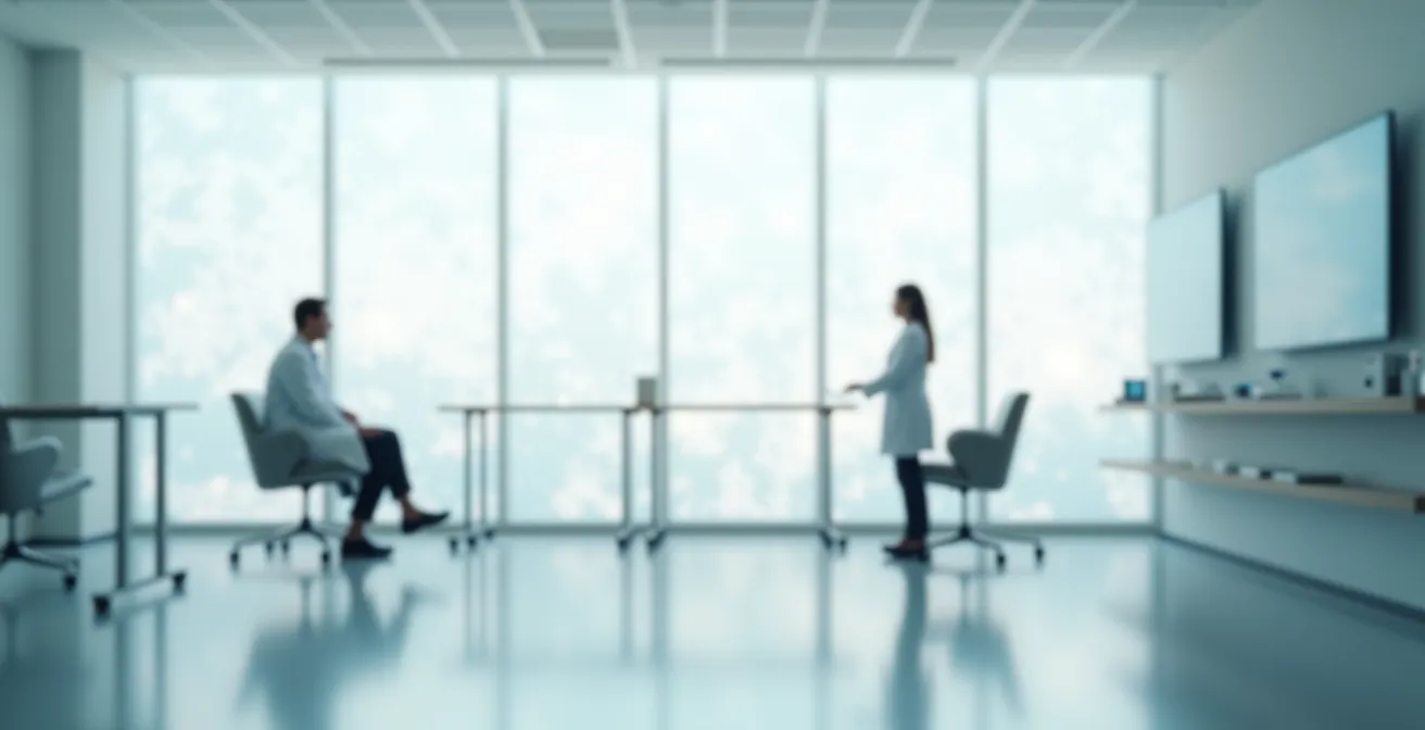 Deux médecins en discussion dans un environnement hospitalier minimaliste