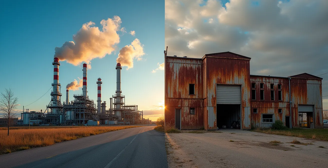 Juxtaposition visuelle entre une raffinerie pétrolière moderne et une usine manufacturière fermée