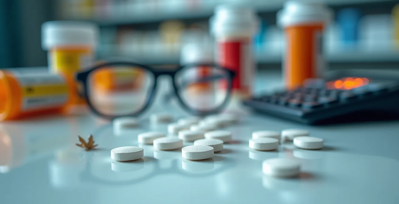Nature morte médicale montrant des médicaments et lunettes avec calculatrice pour illustrer les coûts cachés de la santé au Canada