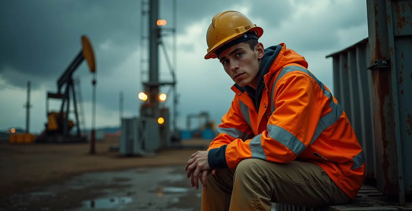 Composition montrant le contraste entre prospérité et déclin dans l'industrie pétrolière